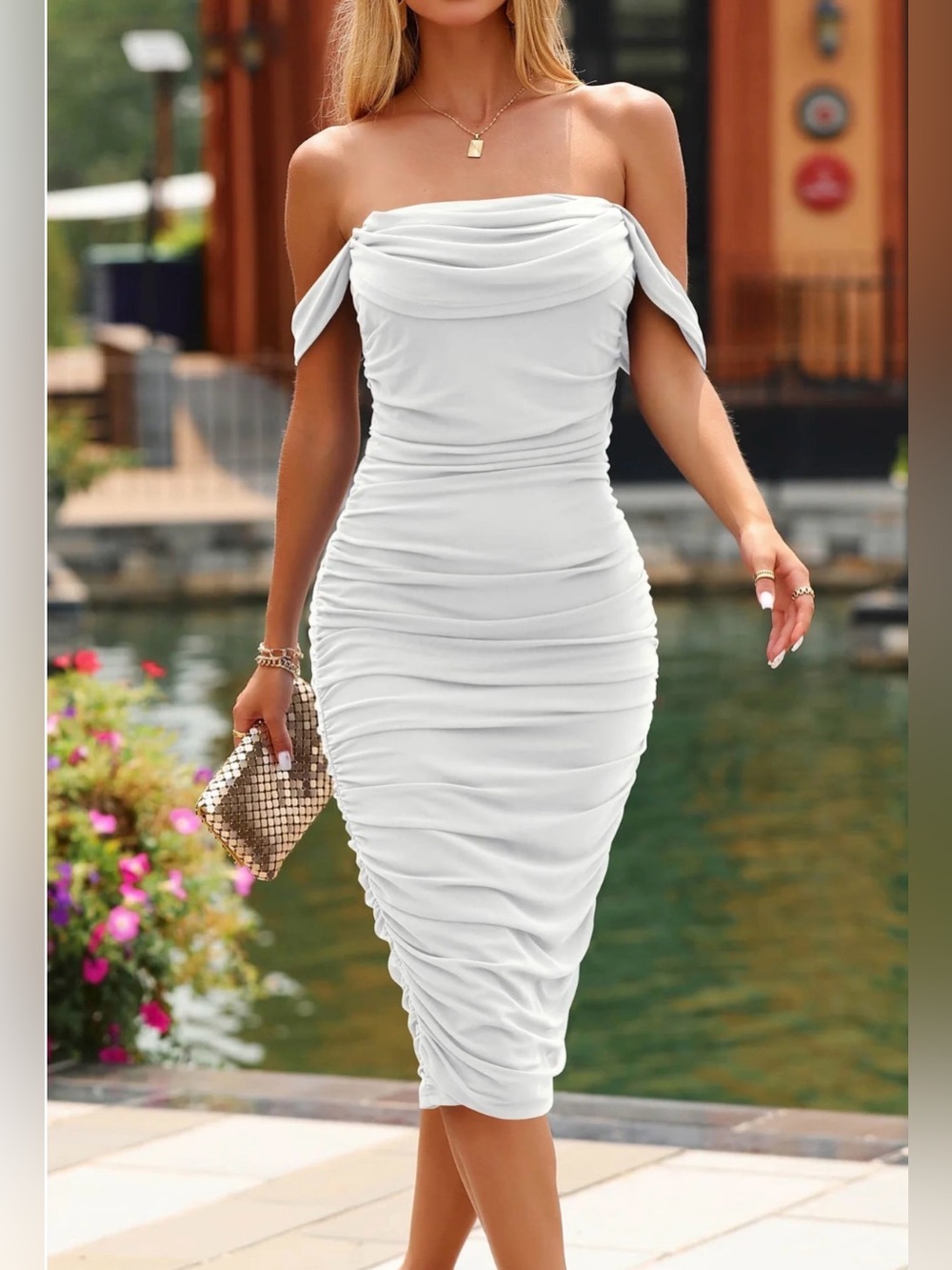 NWT Womens Summer Off The Shoulder Ruched Bodycon Dresses Fitted Club Midi - Picture 5 of 12